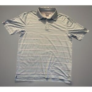 Straight Down Performance Short Sleeve Polo Shirt Blue Stripes Logo Large JBHS